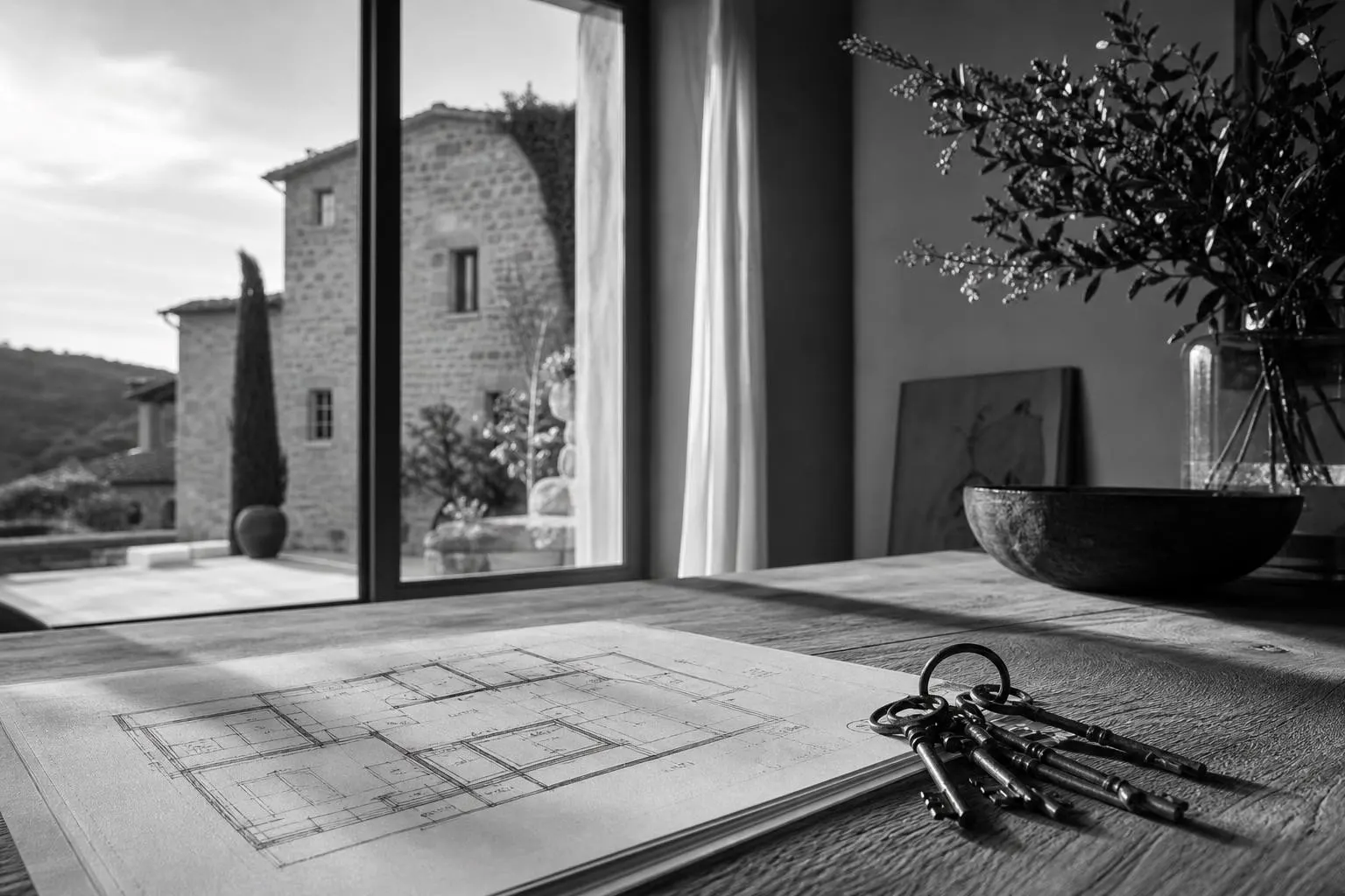 Grundriss und Schlüsselbund auf einem Holztisch im Fensterlicht