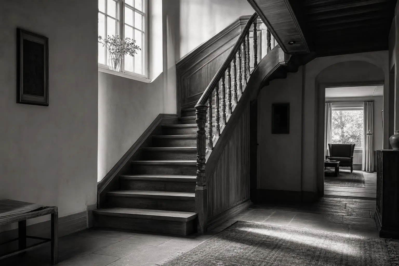 Alte Holztreppe in einem stillen geerbten Wohnhaus im Tageslicht