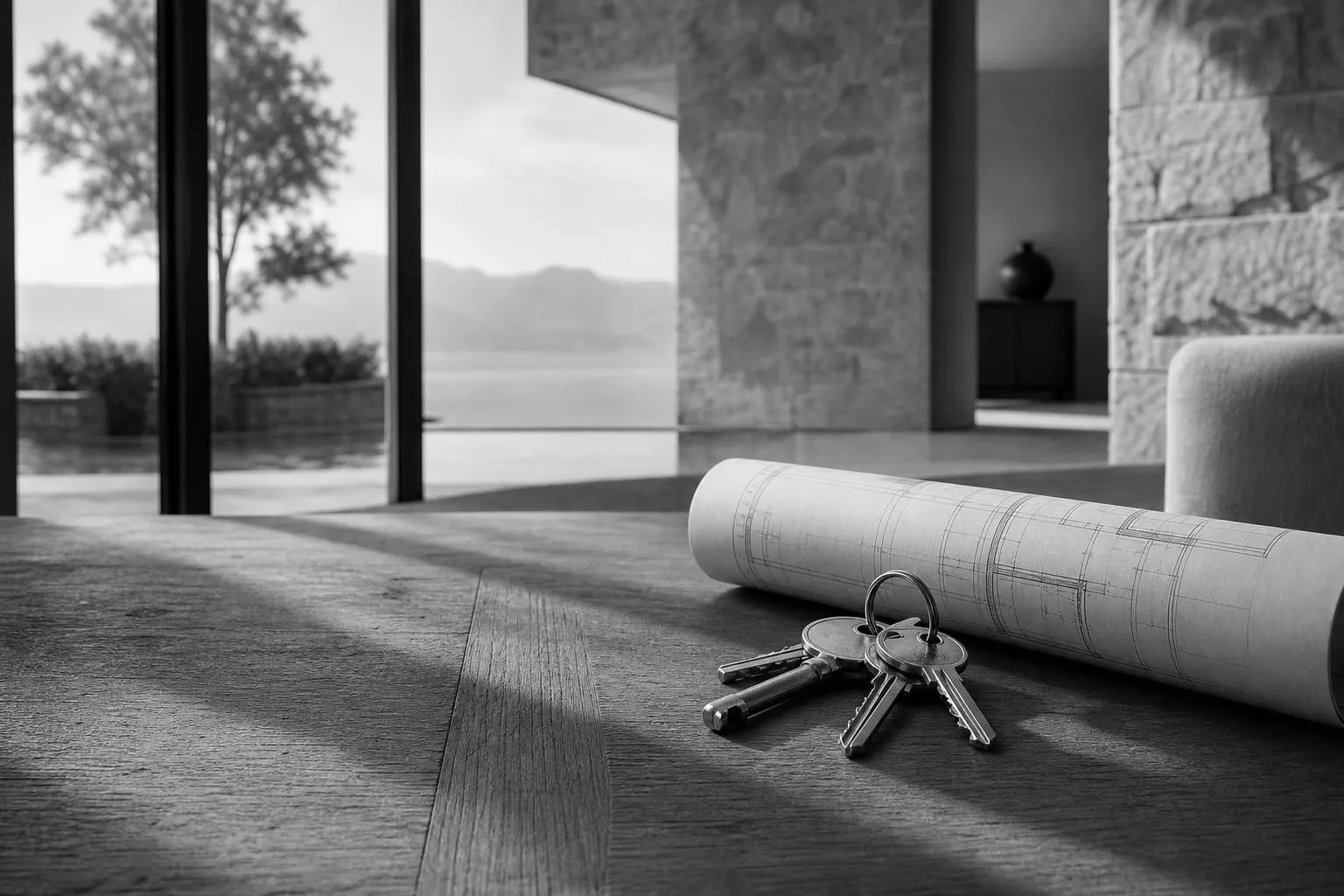 Schlüsselbund und Grundriss auf einem Holztisch im Morgenlicht