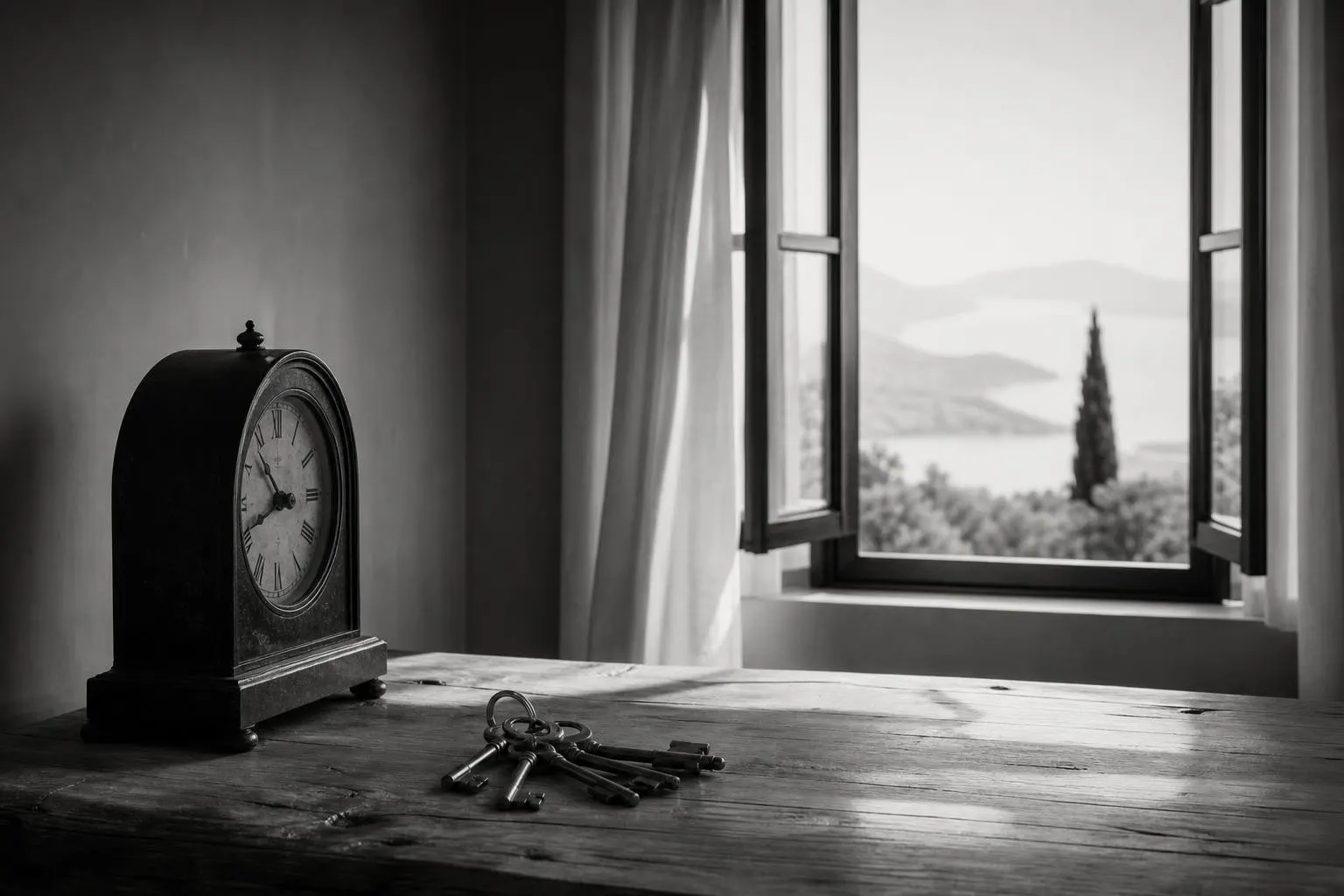 Schlüsselbund und Wanduhr auf Holztisch im Morgenlicht